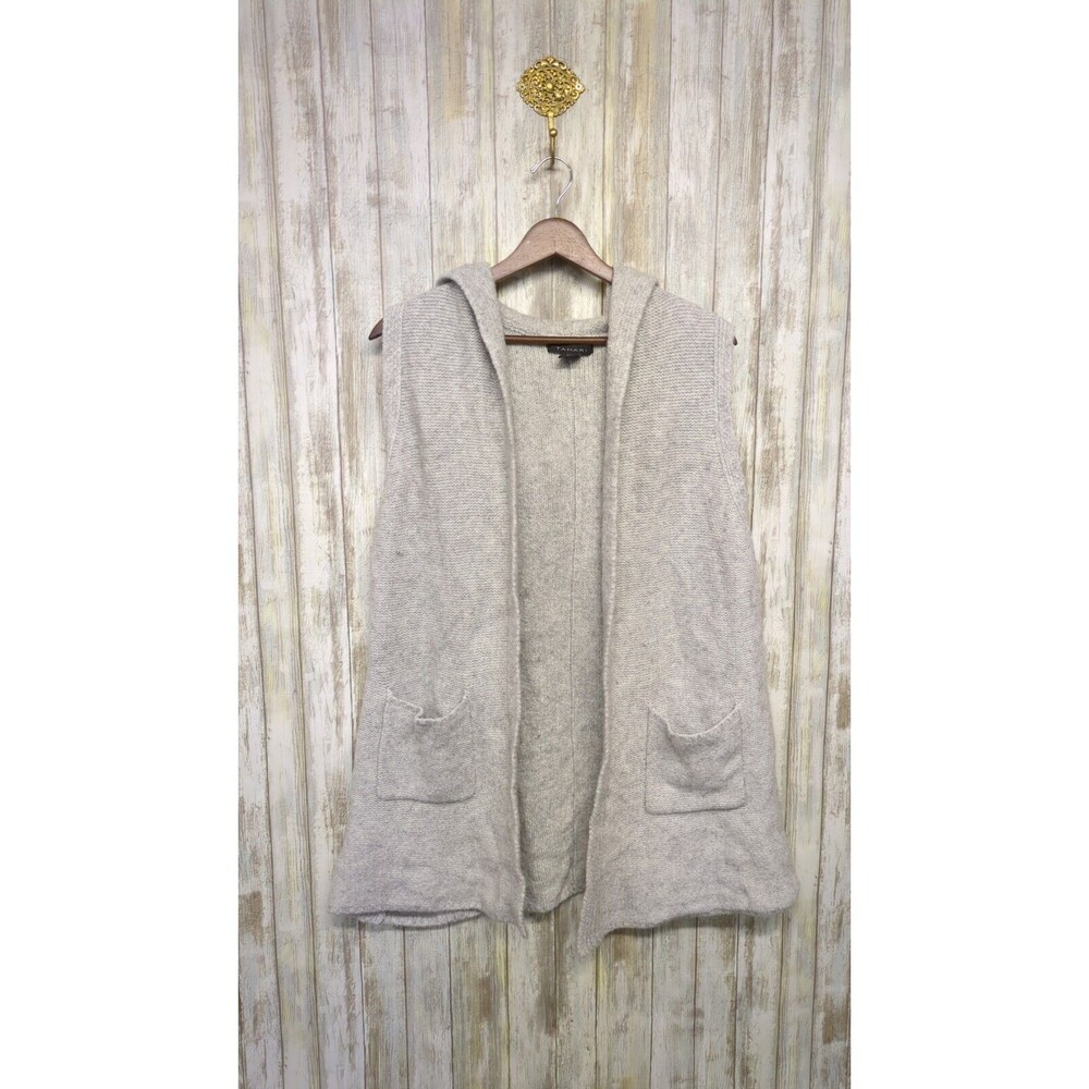 Tahari Wool Blend Hooded Vest Light Gray Open Cardigan Pockets Merino Wool Large